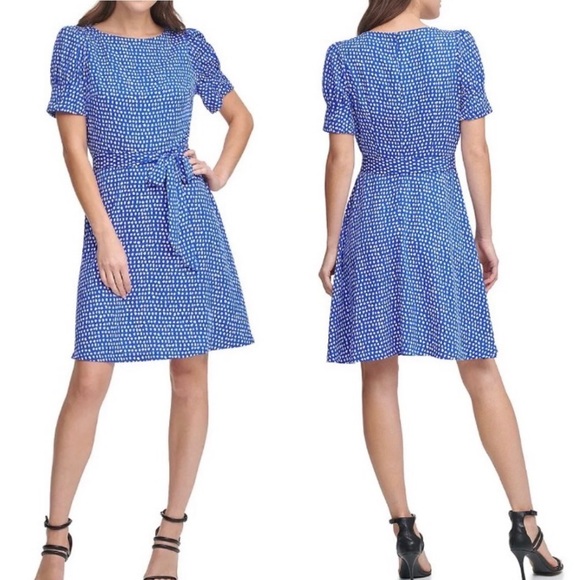 NEW DKNY Petite Size 2 2P Iris Dot Print Short
Puff Sleeve Neck Tie
Waist Dress - Picture 1 of 7
